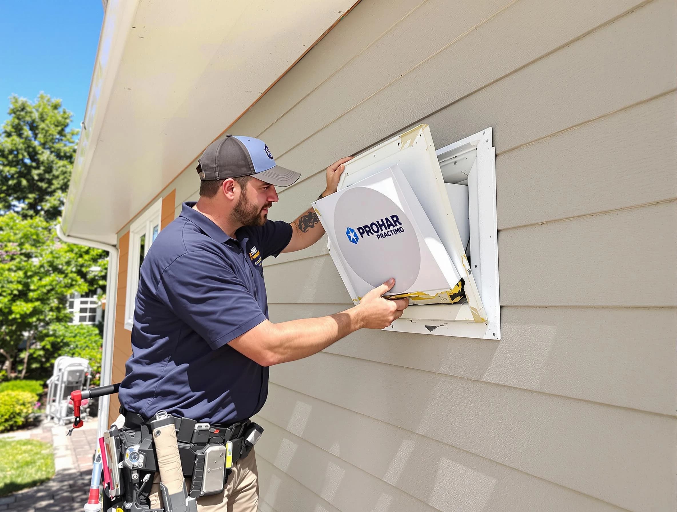 Citrus Park Dryer Vent Cleaning technician installing a new protective dryer vent cover on a home in Citrus Park