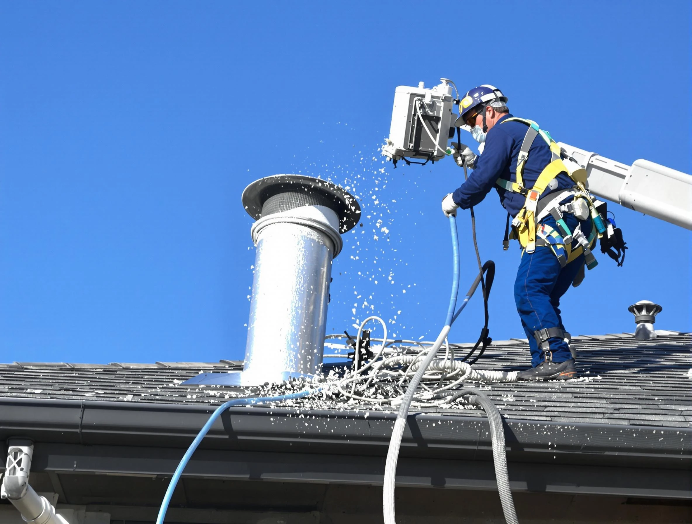 Citrus Park Dryer Vent Cleaning certified technician safely cleaning a roof-mounted dryer vent in Citrus Park